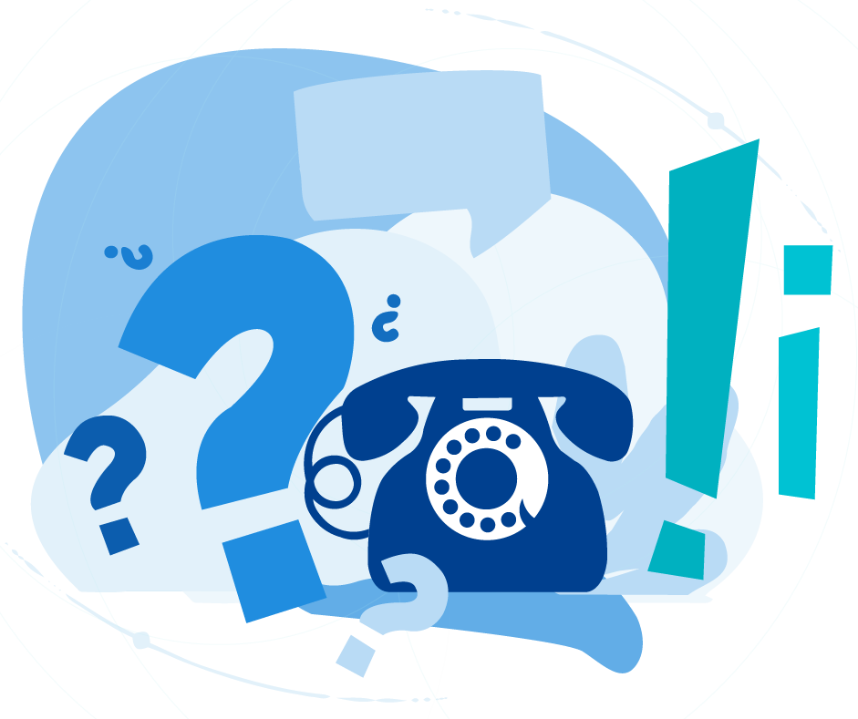 Telefon mit Fragezeichen, Ausrufezeichen und Infozeichen